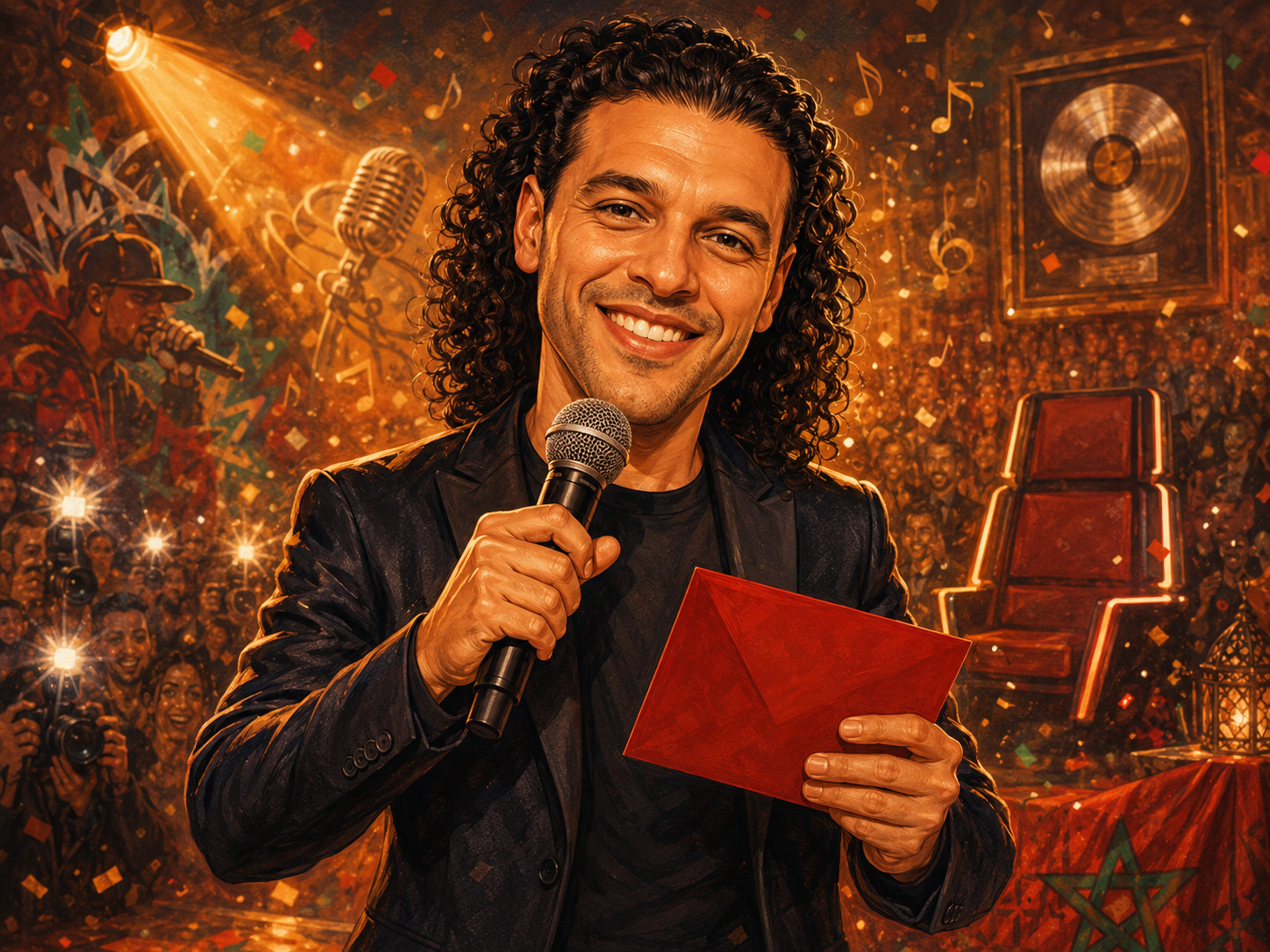 Ali B met microfoon en rode envelop op een feestelijk podium met publiek.