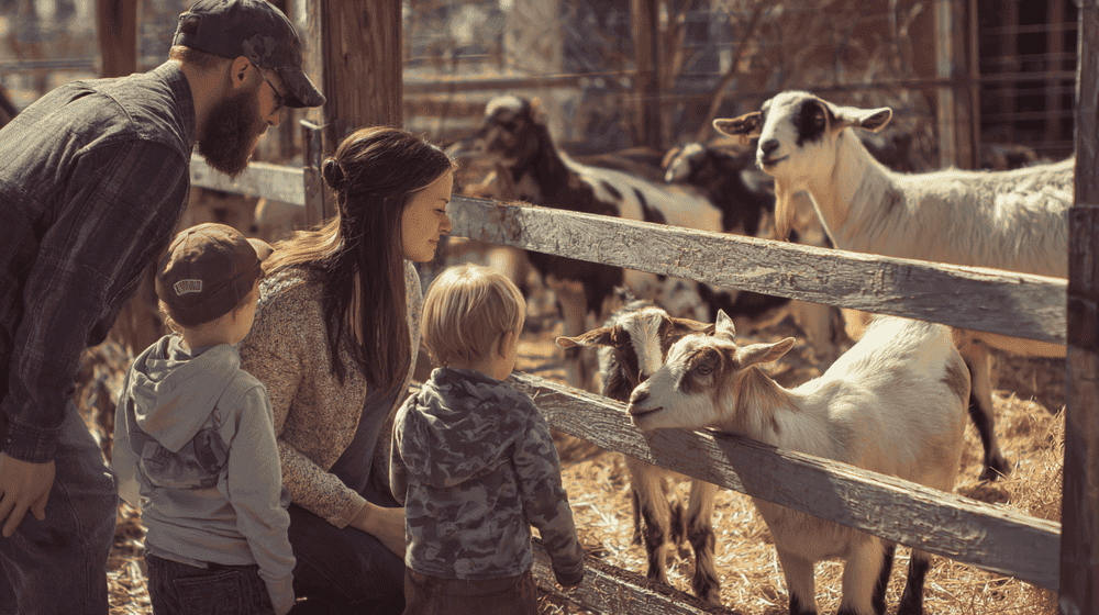 familie gaat gezellig naar de kinderboerderij als goedkooop paastuitje