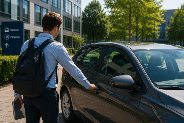 Persoon met rugzak stapt in een huurauto bij een modern kantoorgebouw voor werk of studie