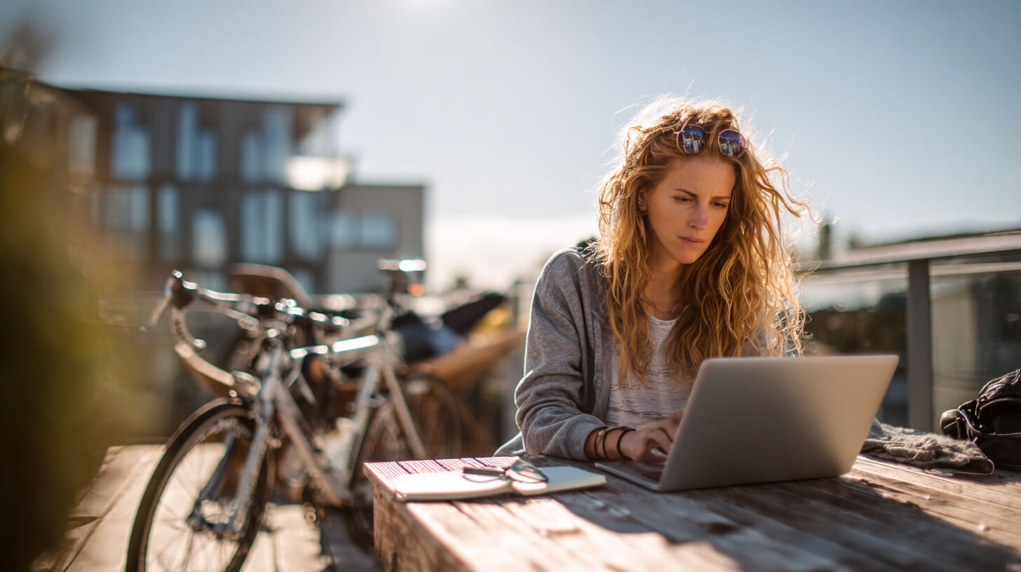 Zelfstandig werken op een terras met laptop en fiets, waarbij flexibiliteit en vrijheid centraal staan.