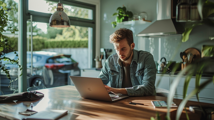 Man vergelijkt private lease aanbiedingen op laptop met auto op de achtergrond.