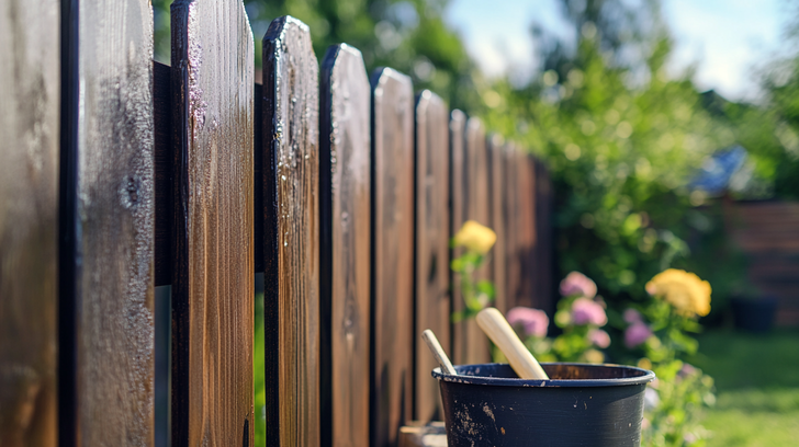 Houten schutting opknappen met beits tijdens een betaalbare tuinrenovatie.