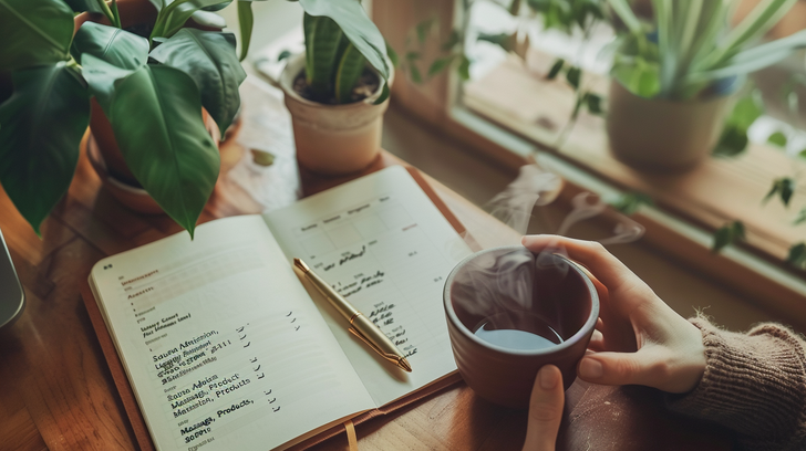 Persoon werkt een wellness budget bij in een notitieboek op een houten bureau naast een warme kop thee.