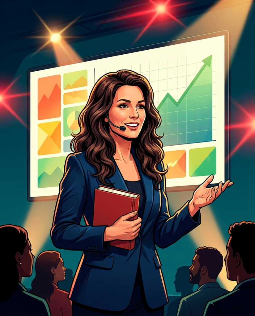Eva de Mol op een startup-podium met haar boek, oprichter van CapitalT