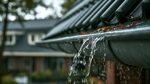 Regenwater stroomt over de rand van een verstopte dakgoot bij een woning