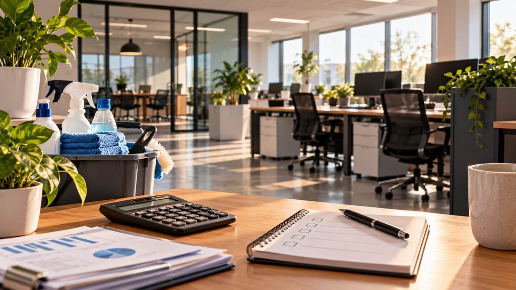 Emmer met schoonmaakmiddelen, rekenmachine en checklist op een bureau in een zonnig kantoor met werkplekken en planten